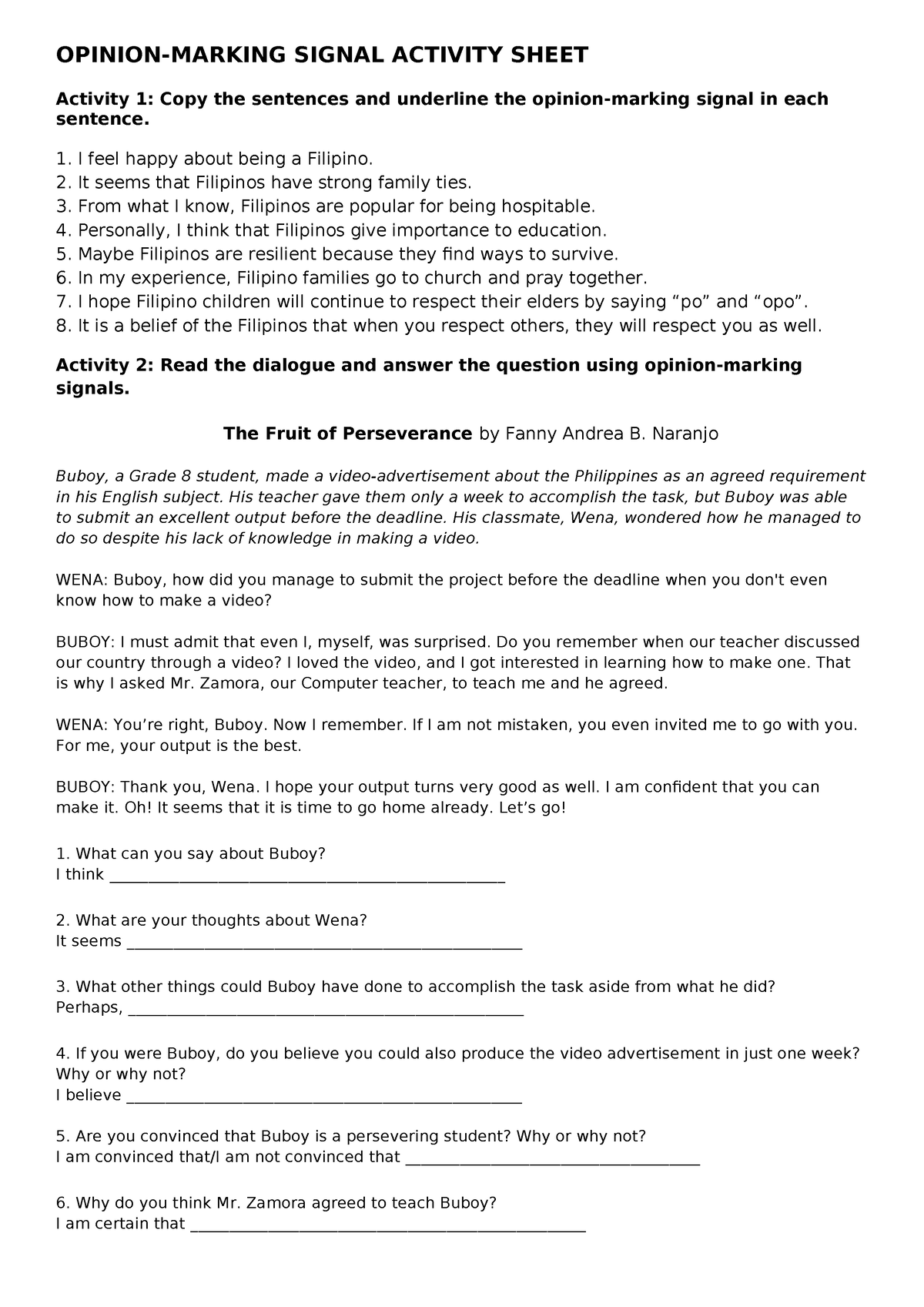 Activity Opinion-Marking Signal - OPINION-MARKING SIGNAL ACTIVITY SHEET ...