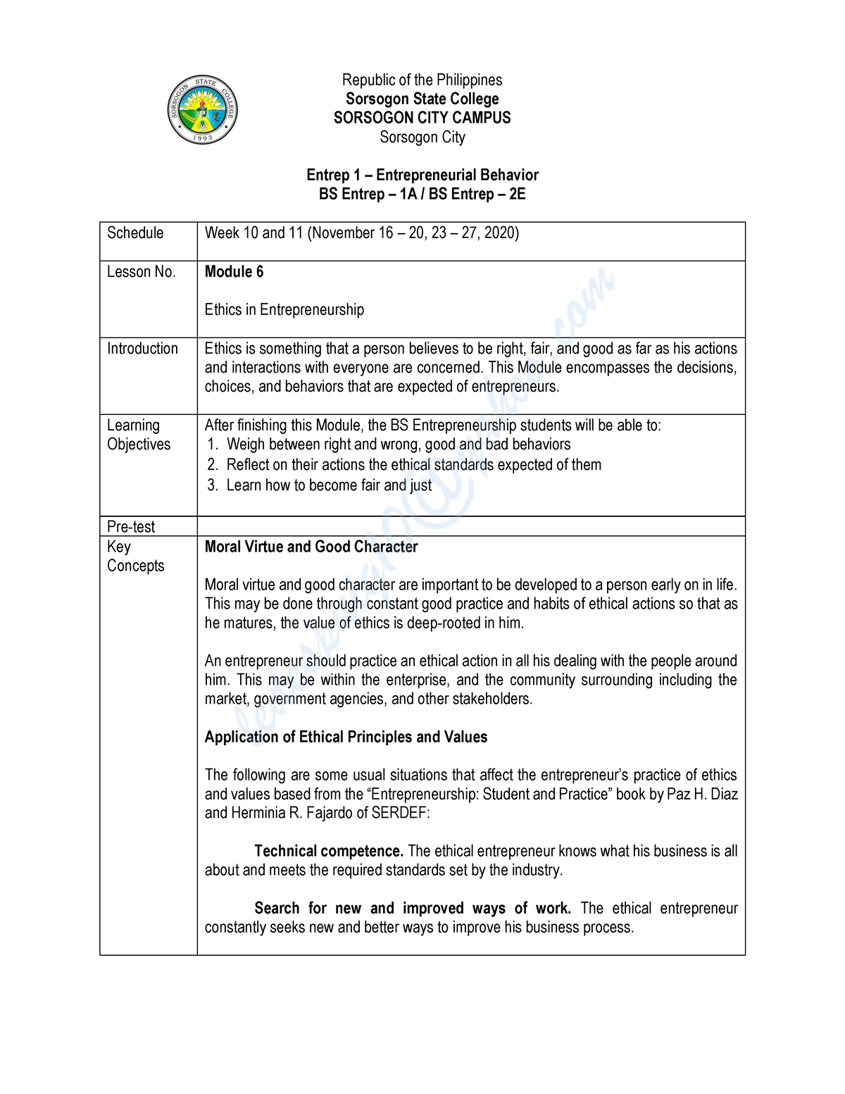 Module 6 Ethics in Entrepreneurship - Republic of the Philippines ...