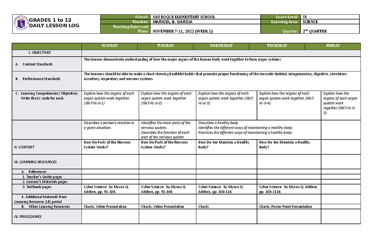 DLL Science-6 Q2 W4 - english - GRADES 1 to 12 DAILY LESSON LOG School ...