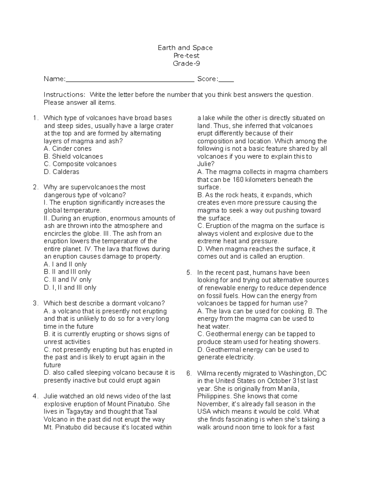 Earth and Space Pre-Test - Earth and Space Pre-test Grade- Name: Score ...