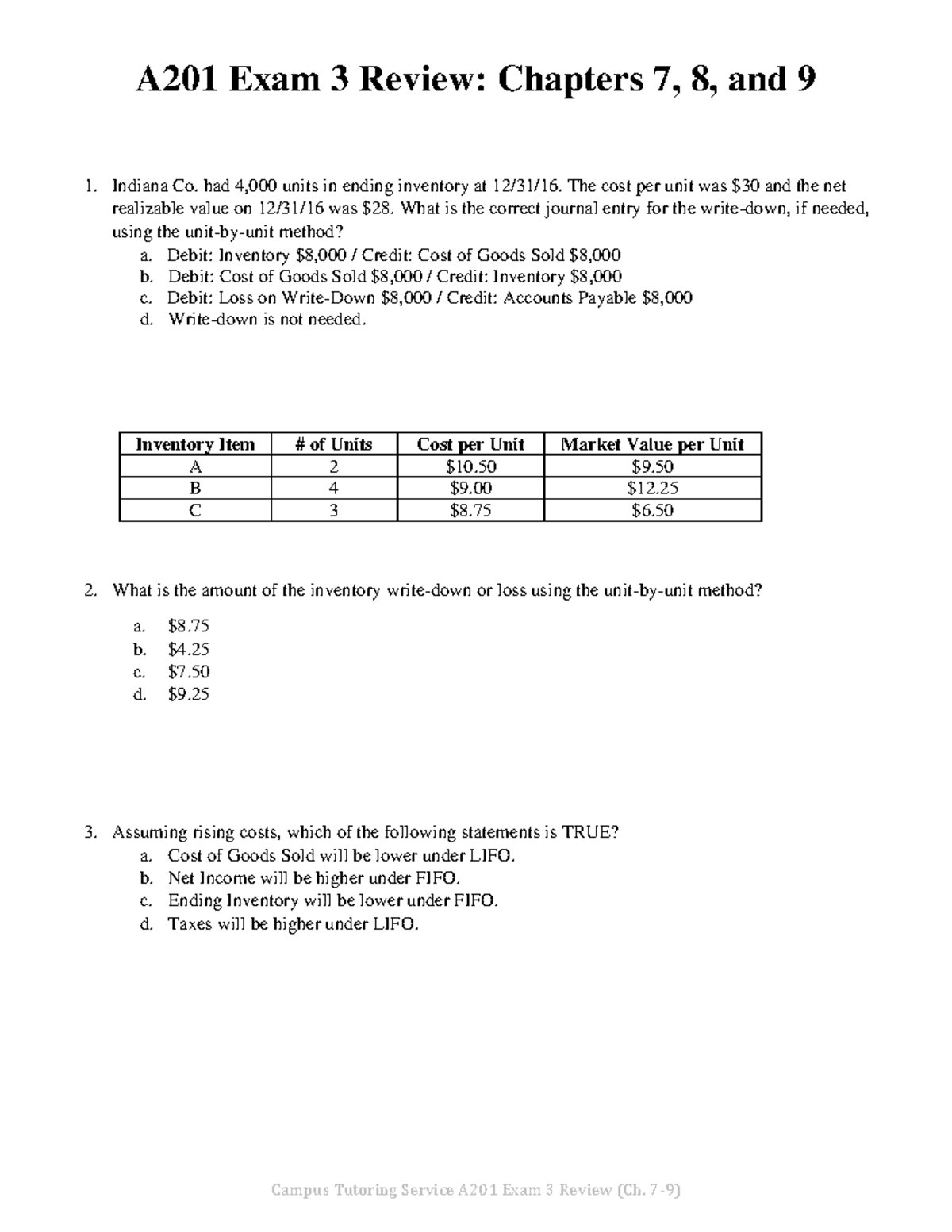 A201 practise exam - Practice questions. Prof Jullie Head - A201 Exam 3 ...