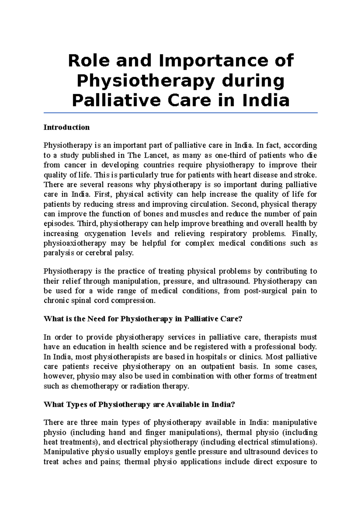 Role and Importance of Physiotherapy during Palliative Care in India ...