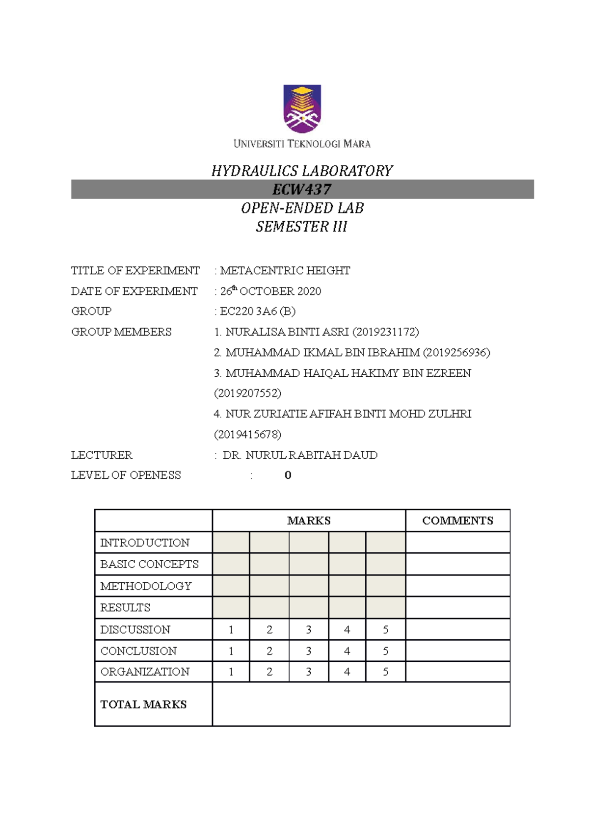 LAB WEEK2 LVL0 Metacentric Height (1) - HYDRAULICS LABORATORY ECW OPEN ...