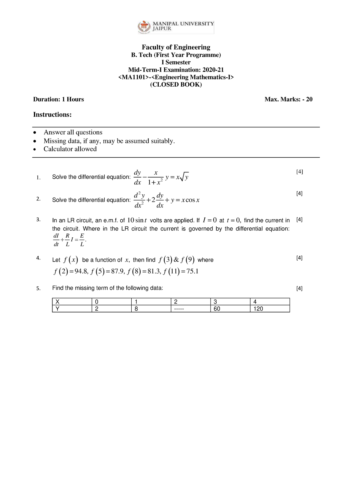 MA1101 Question Paper - Faculty Of Engineering B. Tech (First Year ...