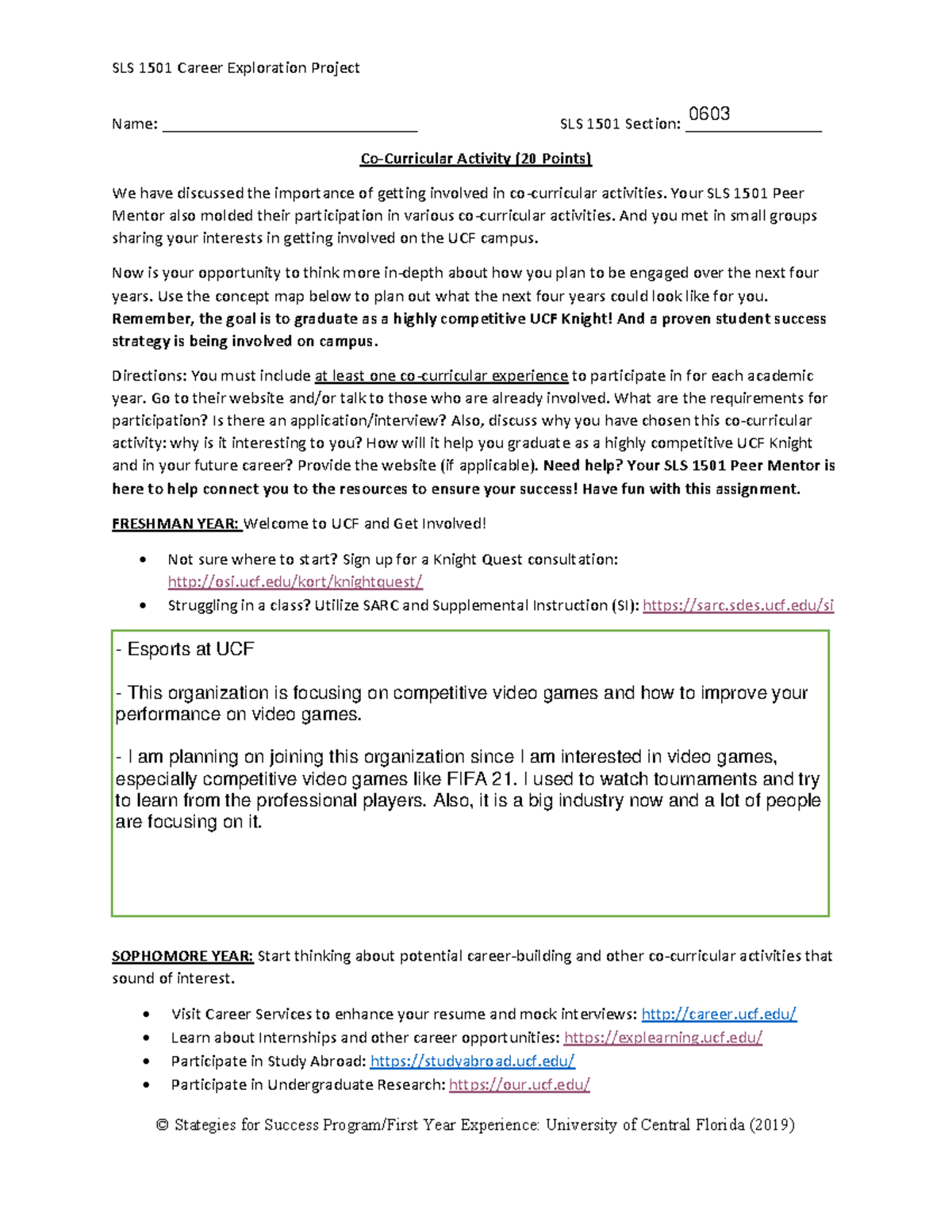 Co-Curricular worksheet SLS - SLS 1501 Career Exploration Project ...