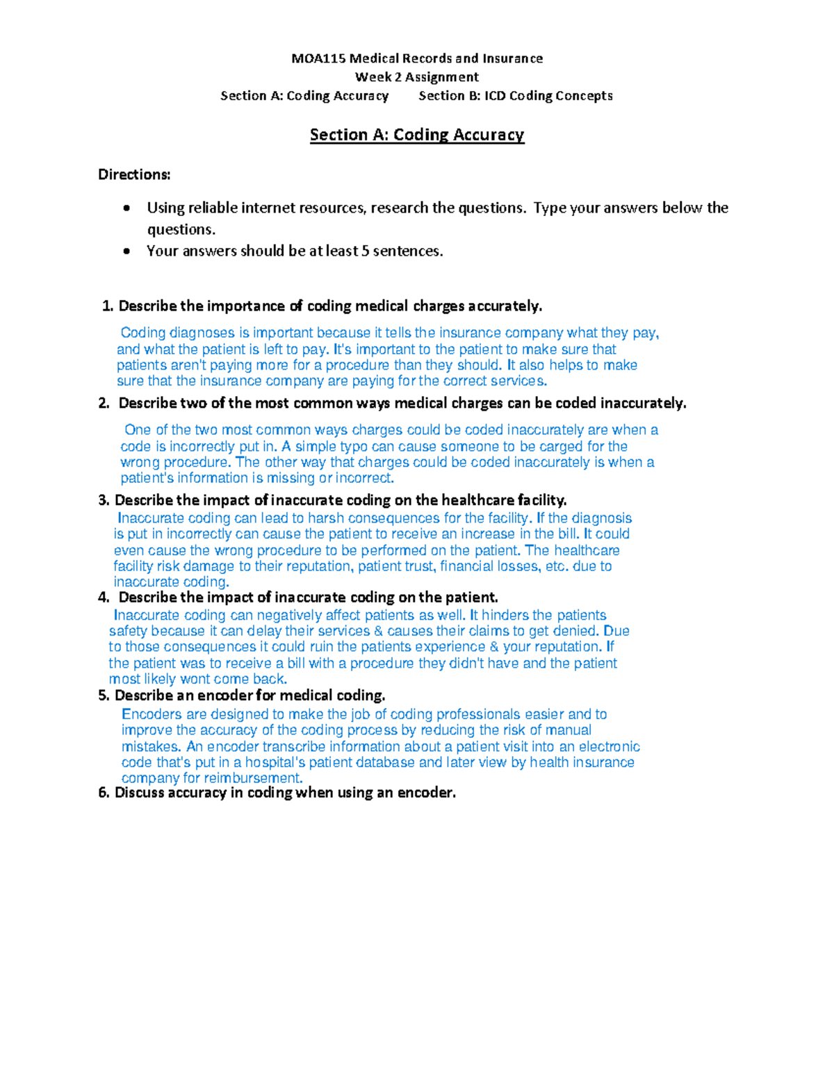 Week 2 Assignment Worksheet - MOA115 Medical Records and Insurance Week ...