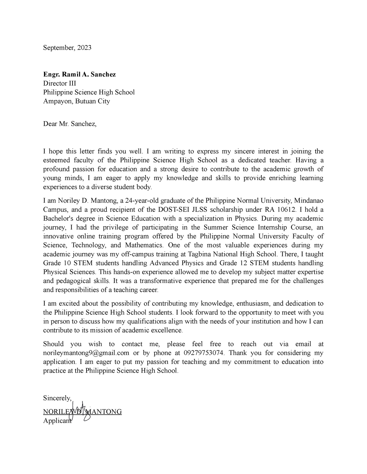 Mantong Application Letter - September, 2023 Engr. Ramil A. Sanchez ...