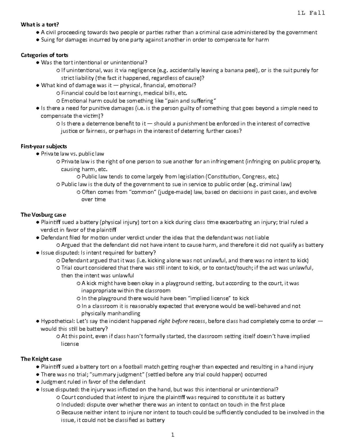 Overview (8-20-2018 ) - tort law notes - 1L Fall 1 What is a tort? A ...