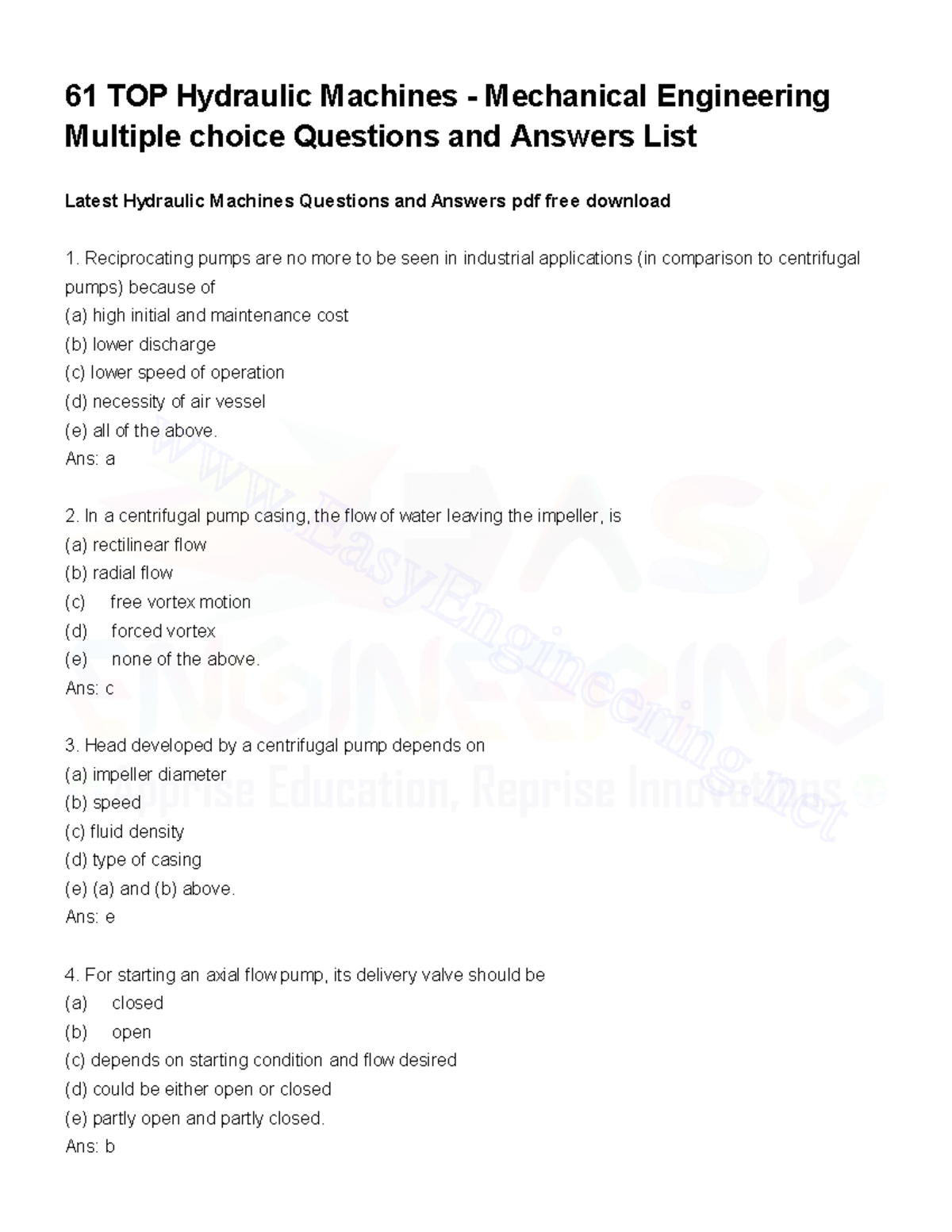 Hydraulic Machines MCQs PDF 61 TOP Hydraulic Machines Mechanical Engineering Multiple choice