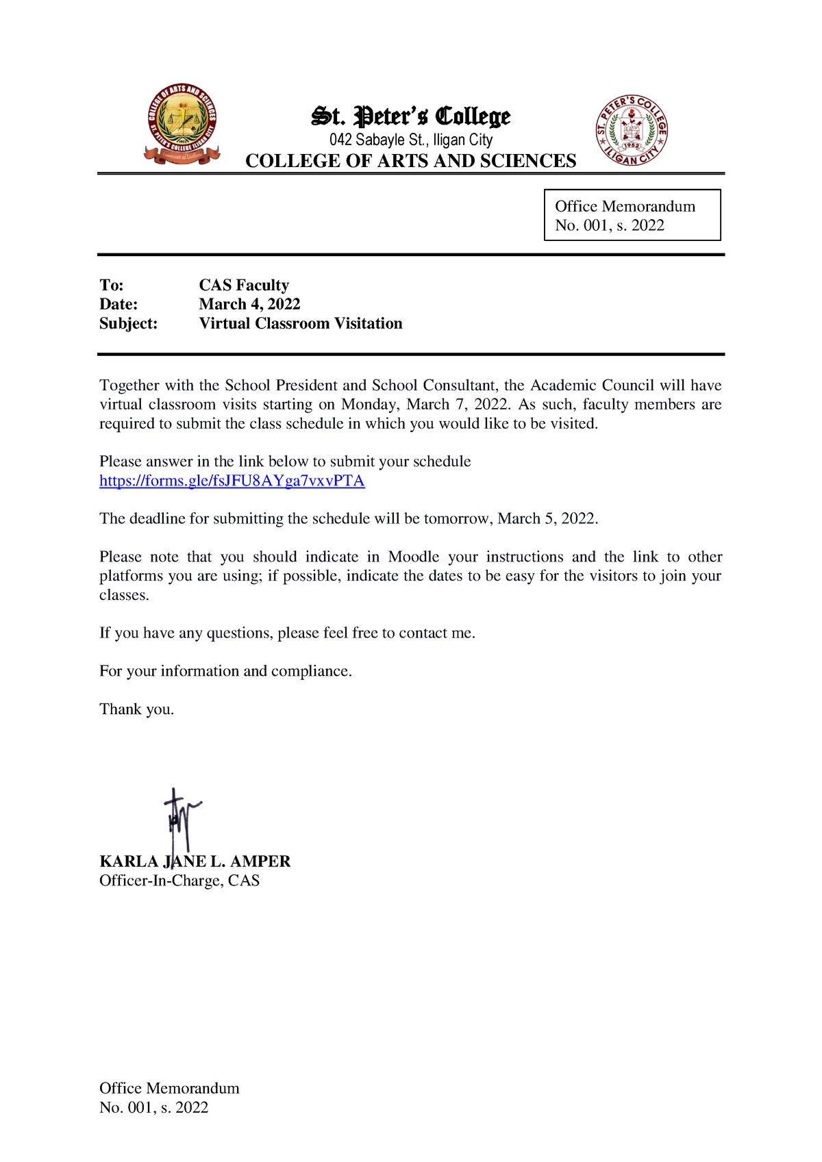 Office Memo 001, s. 2022 - Office Memorandum No. 001, s. 2022 St. Peter ...