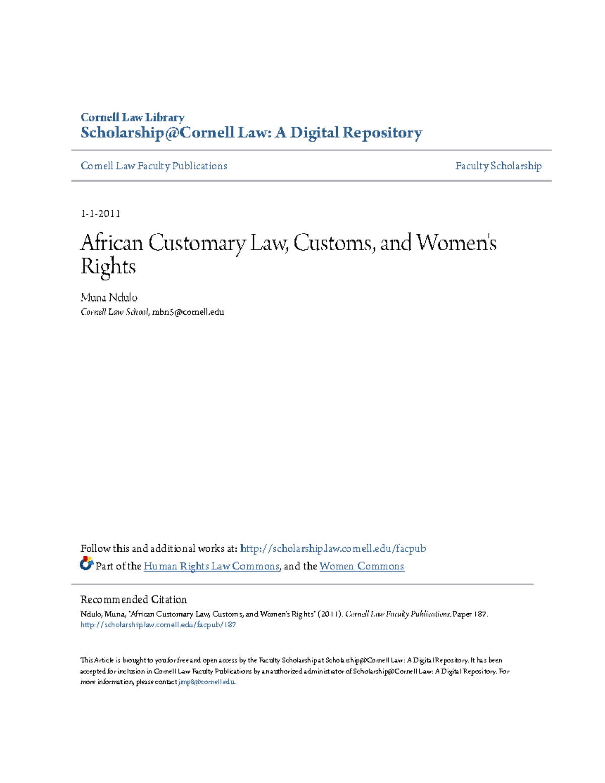 African Customary Law Customs and Womens Rights - Cornell Law Library ...
