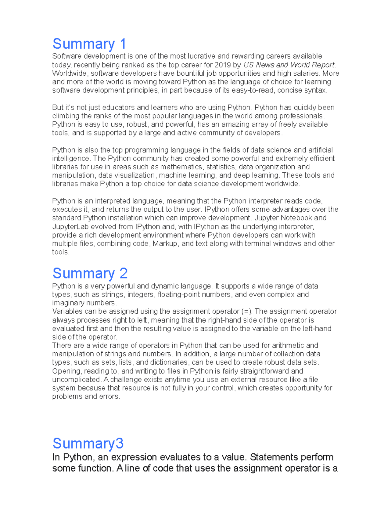 Zusammenfassung - python - Summary 1 Software development is one of the ...