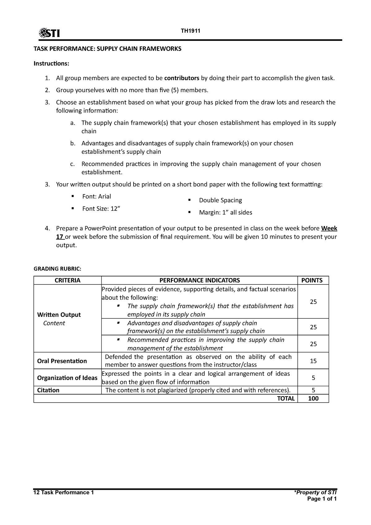 12 Task Performance 1 - poi - TH TASK PERFORMANCE: SUPPLY CHAIN ...