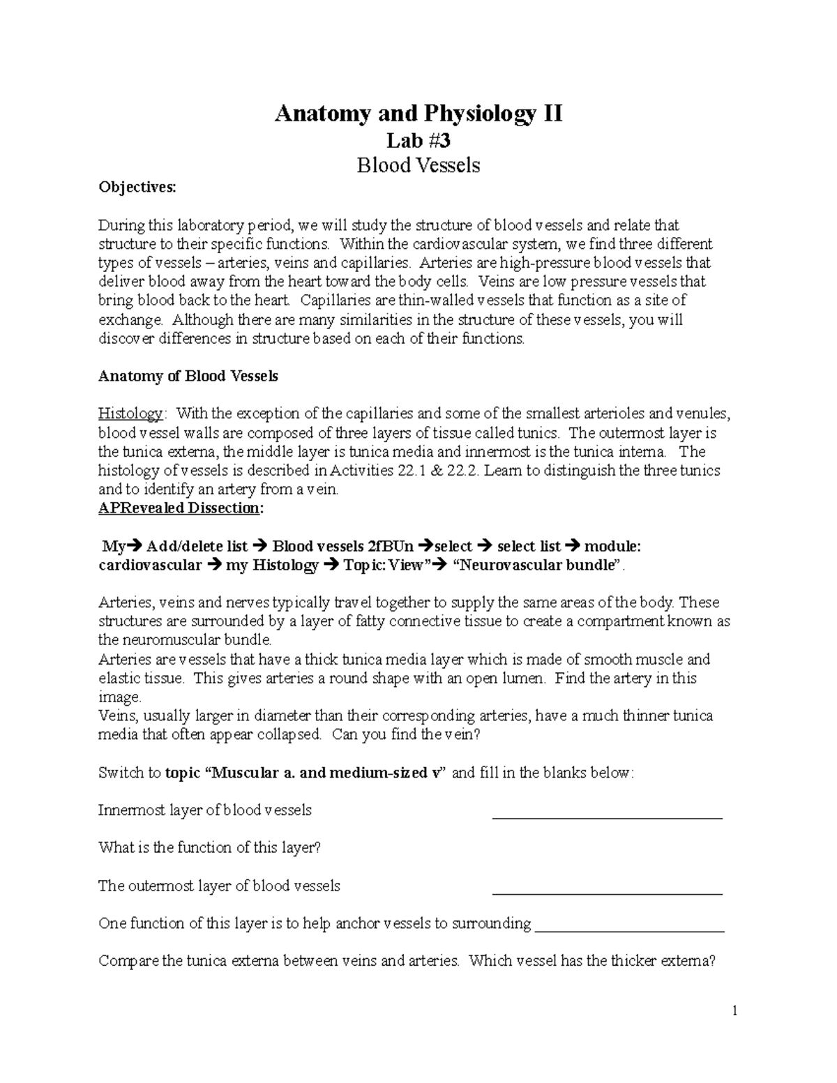 Lab 3 blood vessels lab guide Anatomy and Physiology II Lab Blood Vessels Objectives During