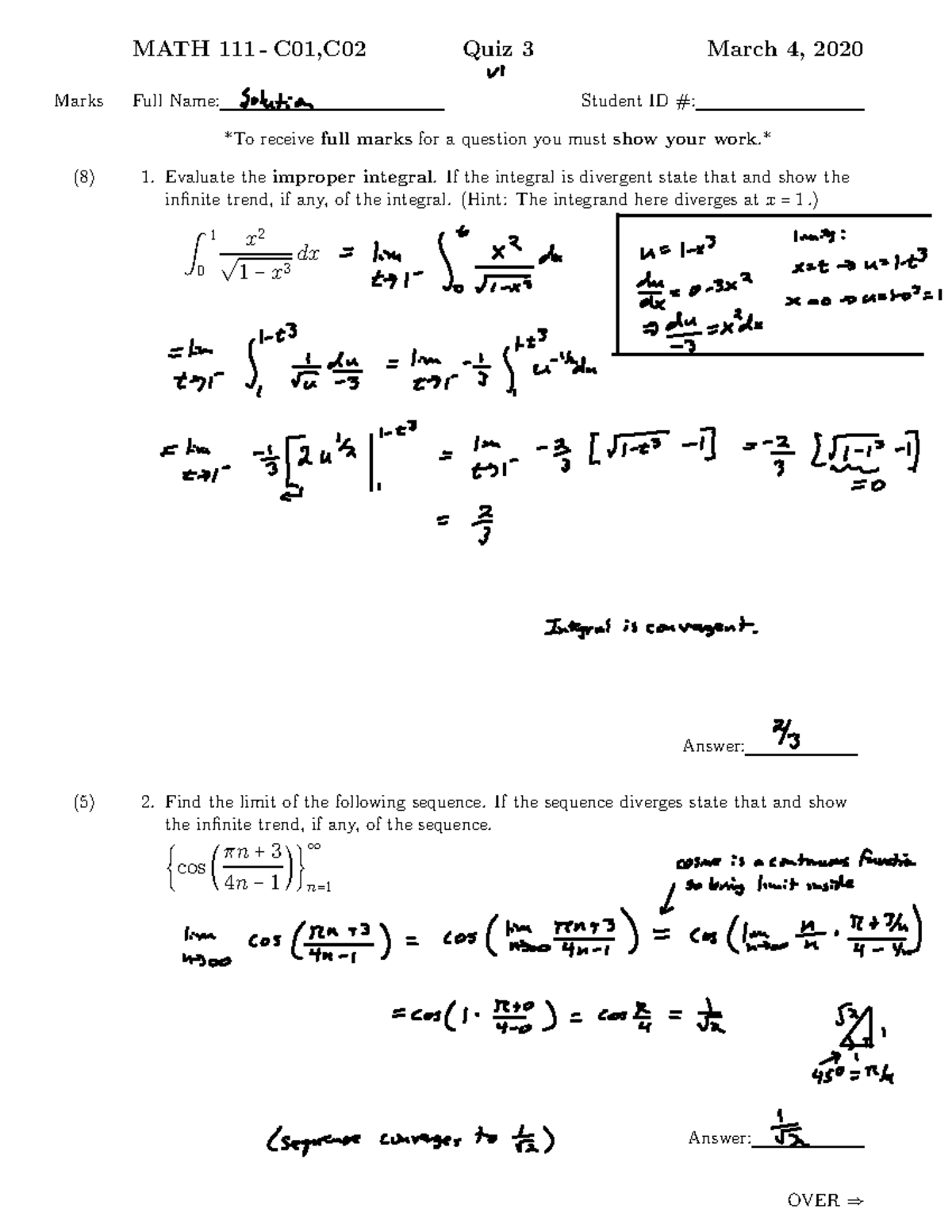 Quiz3 2020W Solution - Quiz Exam For Students - MATH 111 - C01,C02 Quiz ...