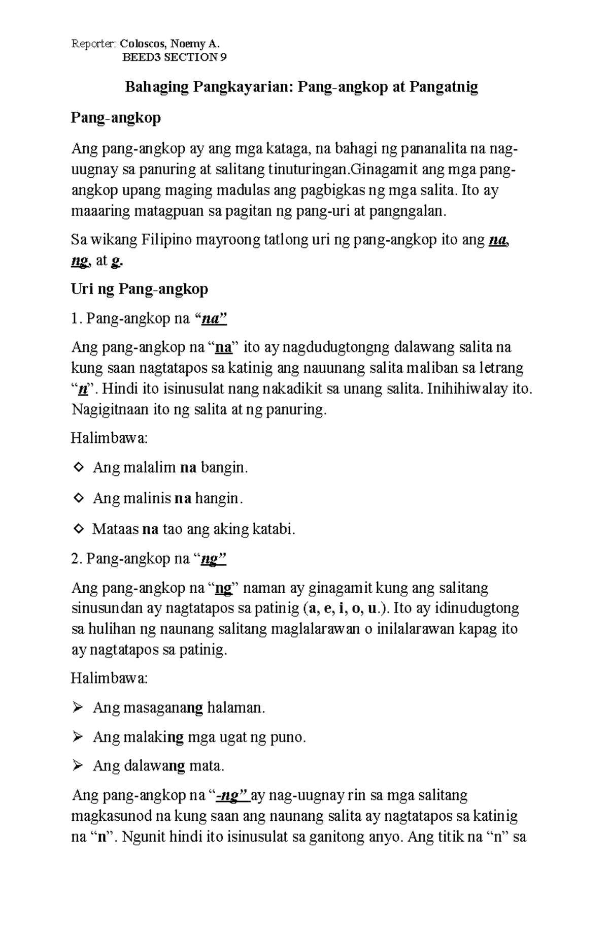 Pangangkop Pangangkop Reporter Coloscos, Noemy A. BEED3 SECTION