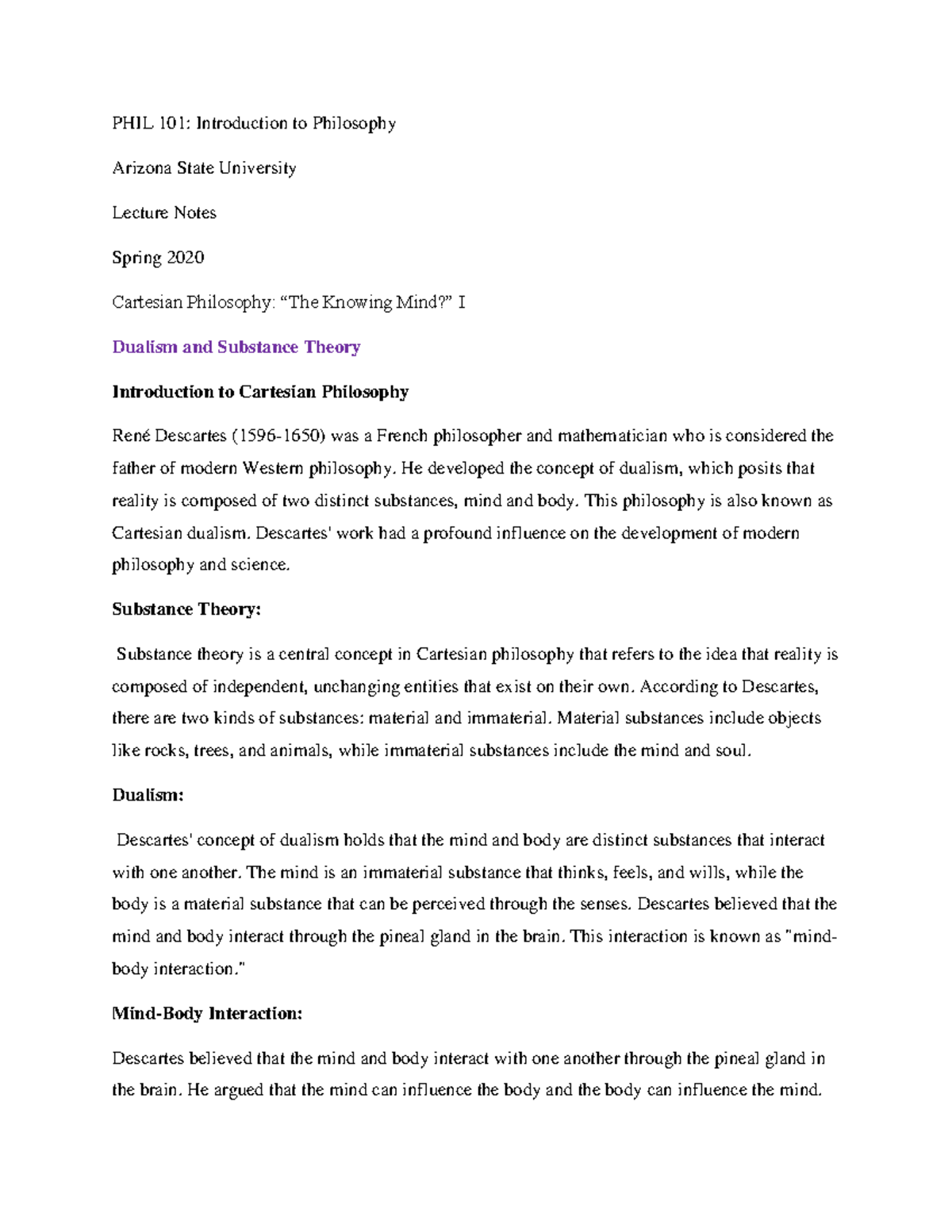 PHIL 101 Week 7 Lecture Notes-Cartesian Philosophy- “The Knowing Mind ...