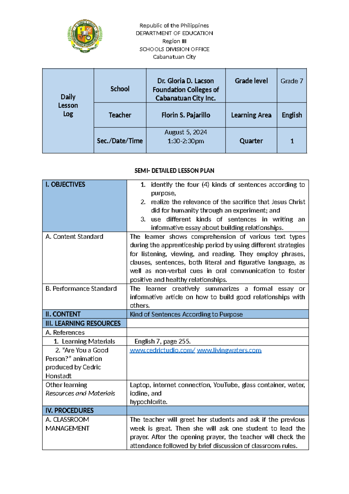 Semi-detailed FSP - lesson plan - DEPARTMENT OF EDUCATION Region III ...