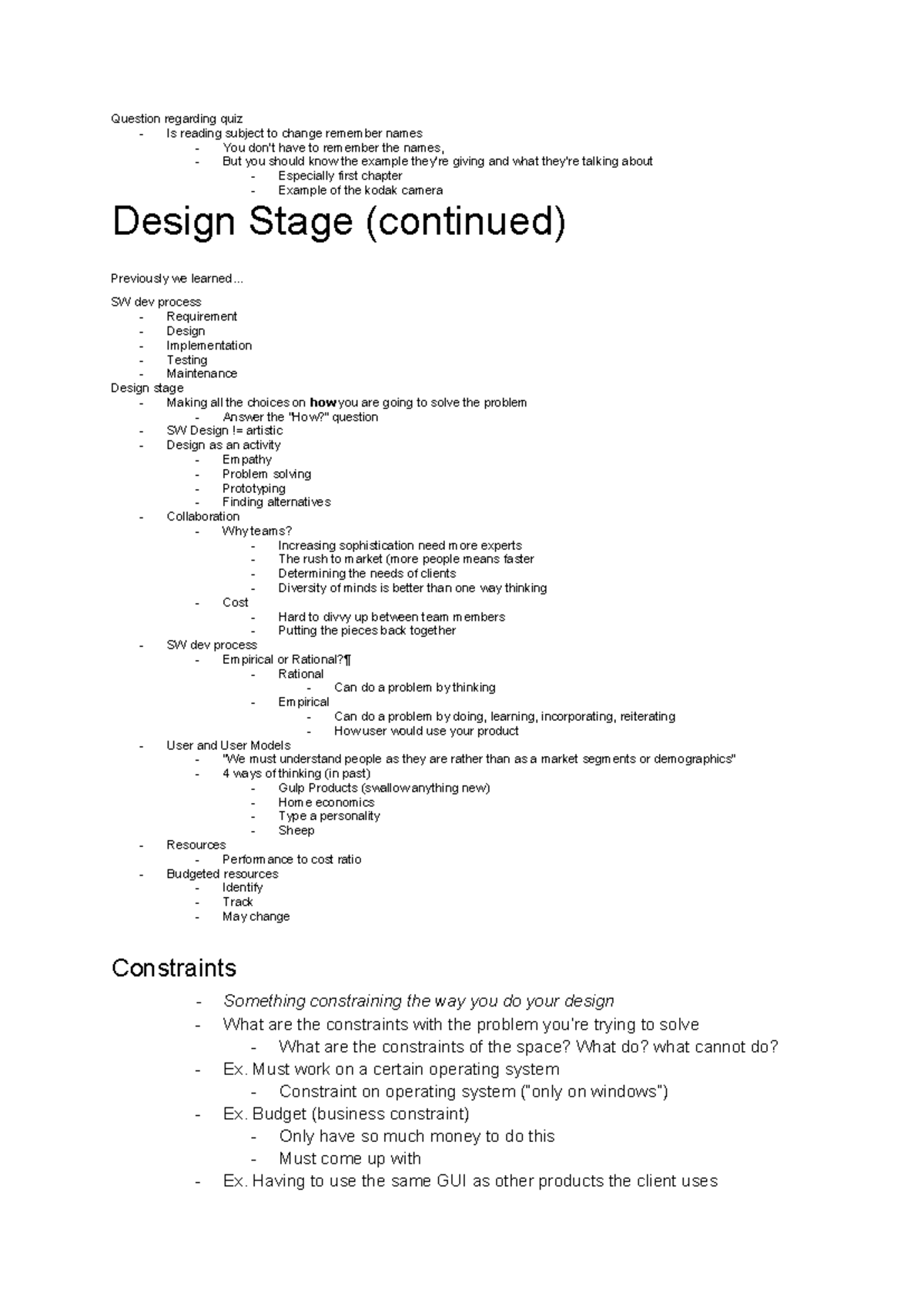 Design Stage (continued) + Lab Overview - Question regarding quiz - Is ...