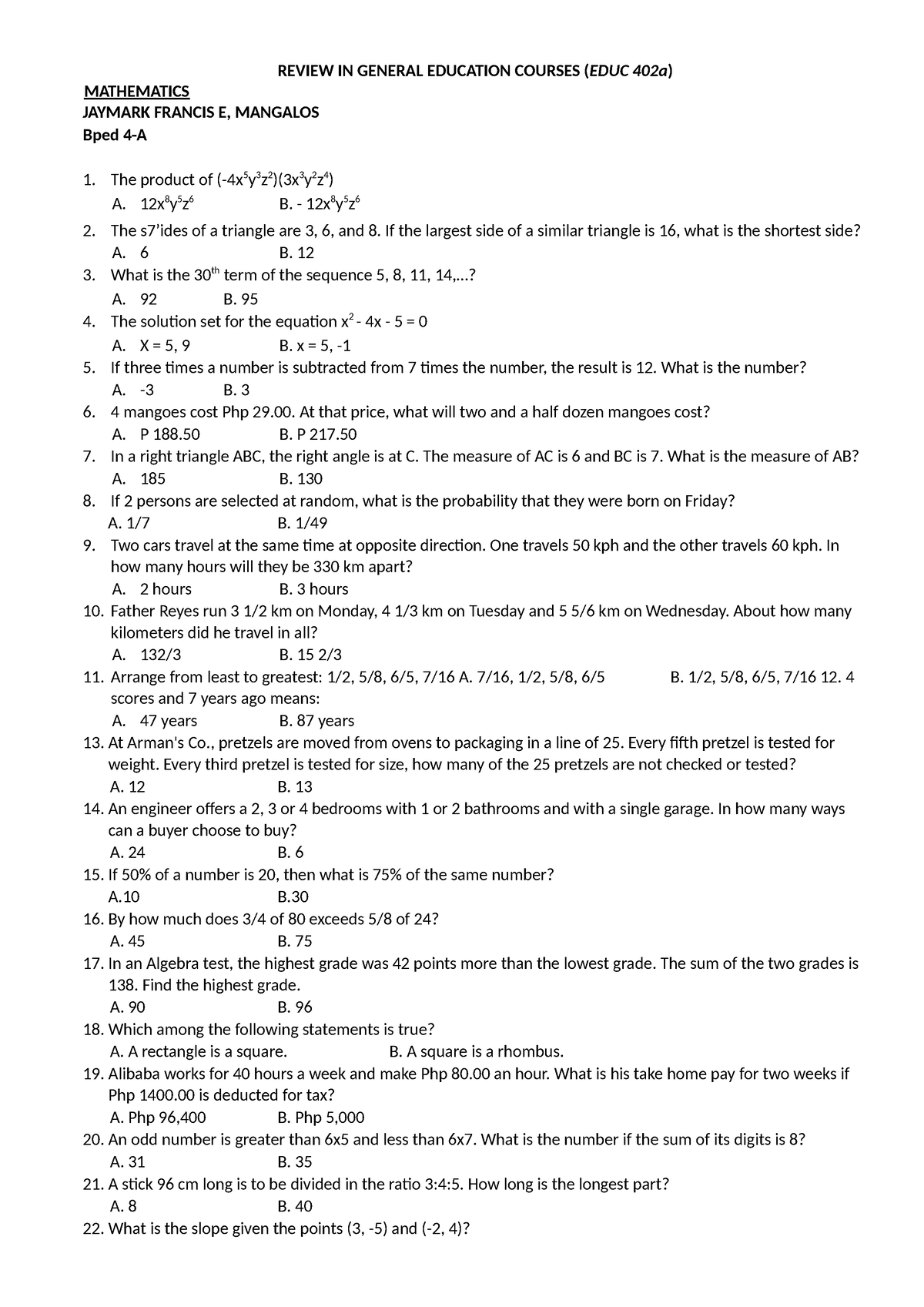 Review in Gen Ed MATH 100 questions - REVIEW IN GENERAL EDUCATION ...