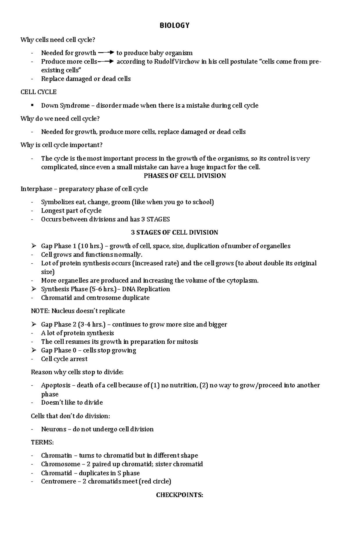 Notes FOR 1ST Quarter study materials BIOLOGY Why cells need cell