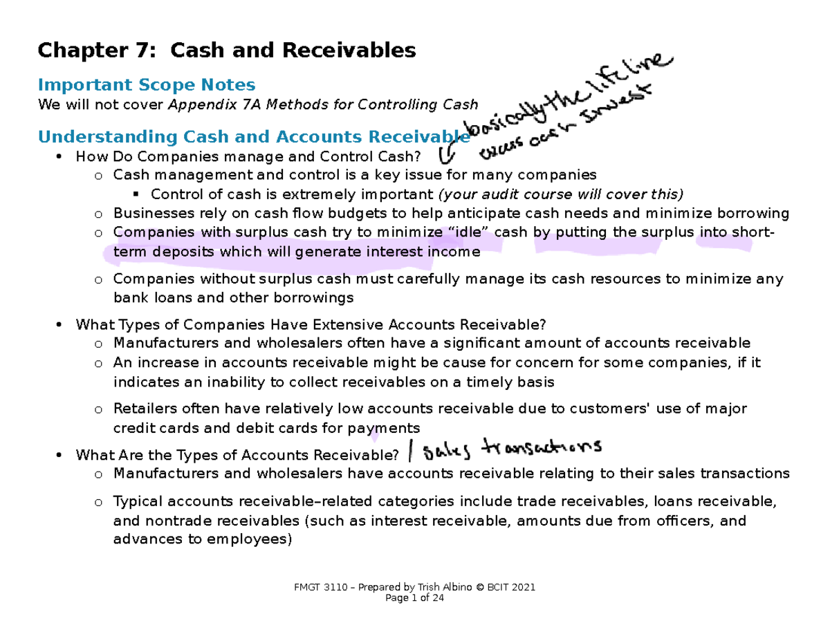 Chapter 7 Lecture Notes (TA 2020) - Cash And Receivables - Chapter 7 ...