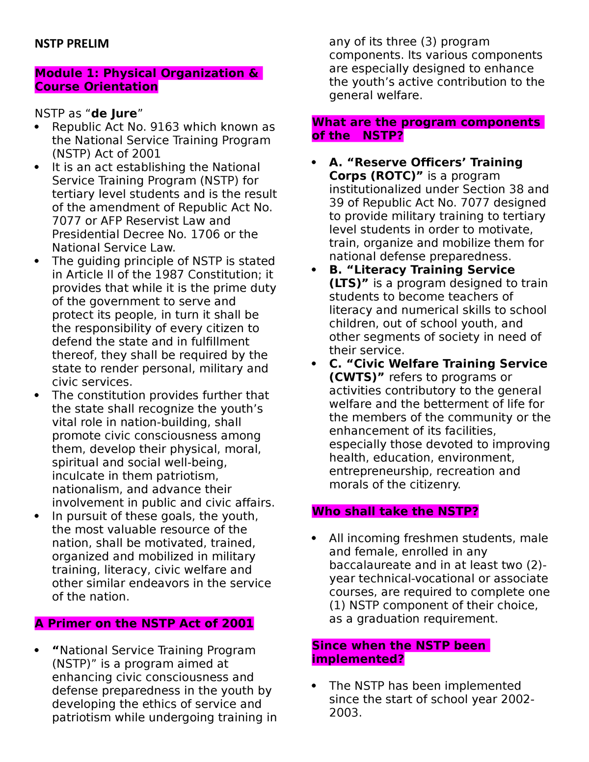 NSTP Prelim - NSTP PRELIM Module 1: Physical Organization & Course ...