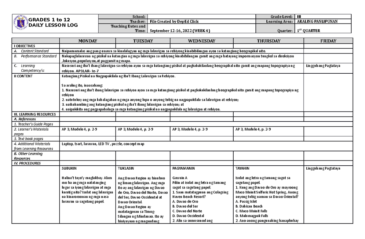 DLL Araling Panlipunan 3 Q1 W4 - GRADES 1 to 12 DAILY LESSON LOG School ...