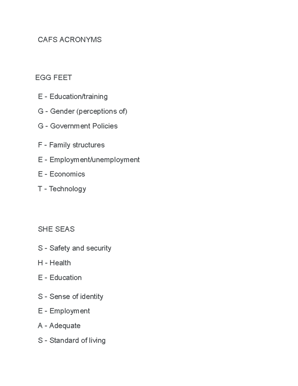 Cafs Notes CAFS ACRONYMS EGG FEET E Education/training G Gender