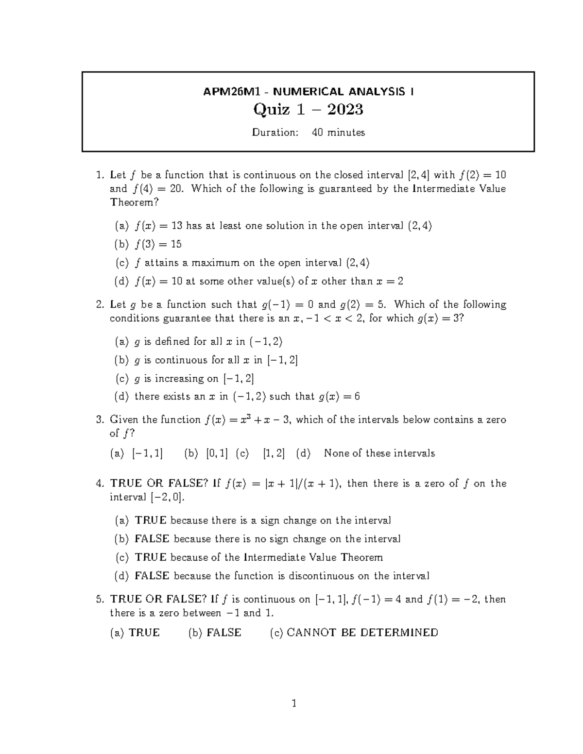Quiz 1 APM26M1 2023 This is numerical analysis quiz APM26M1