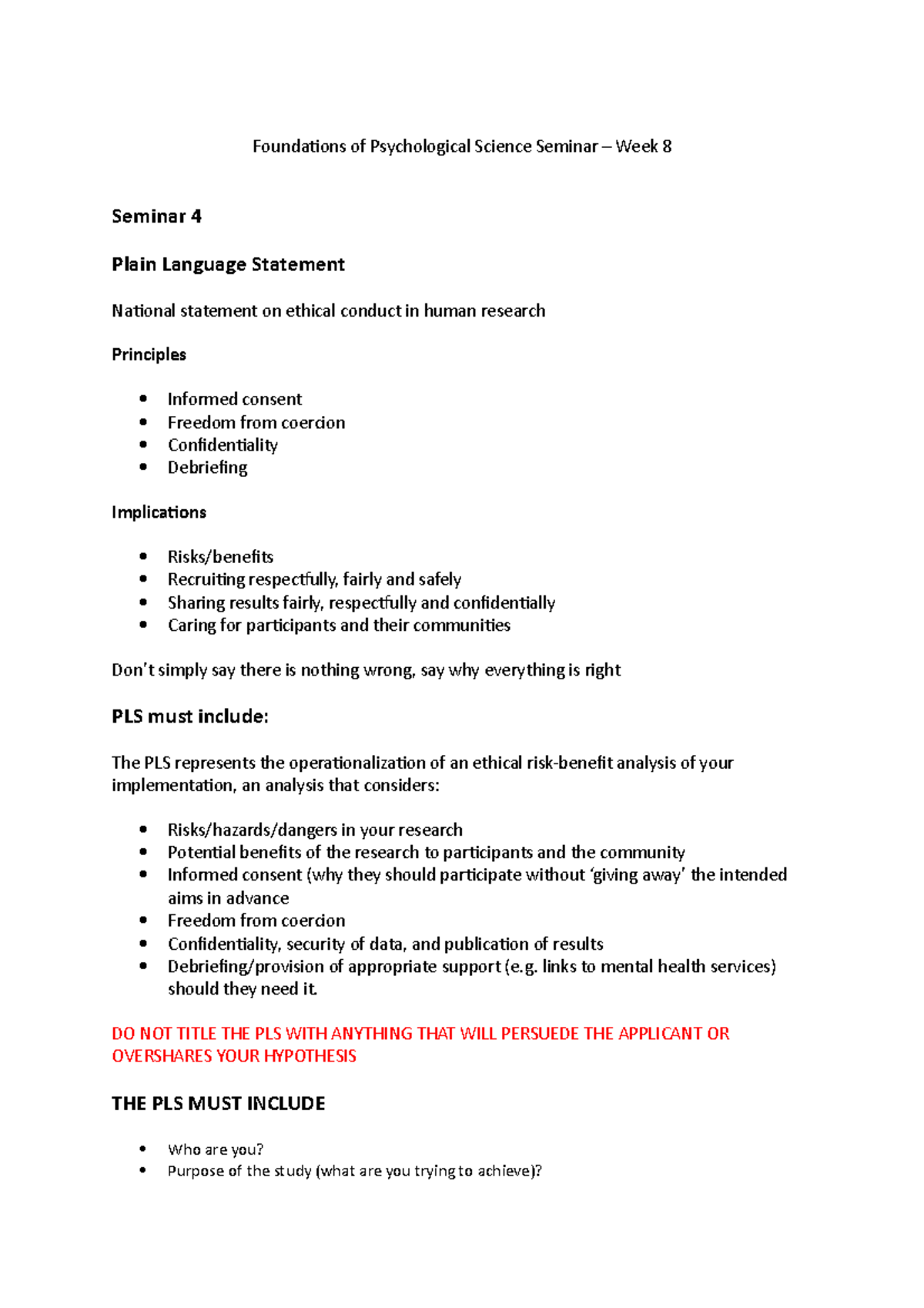 Week 8 - Plain Language Statement Seminar - Foundations of ...