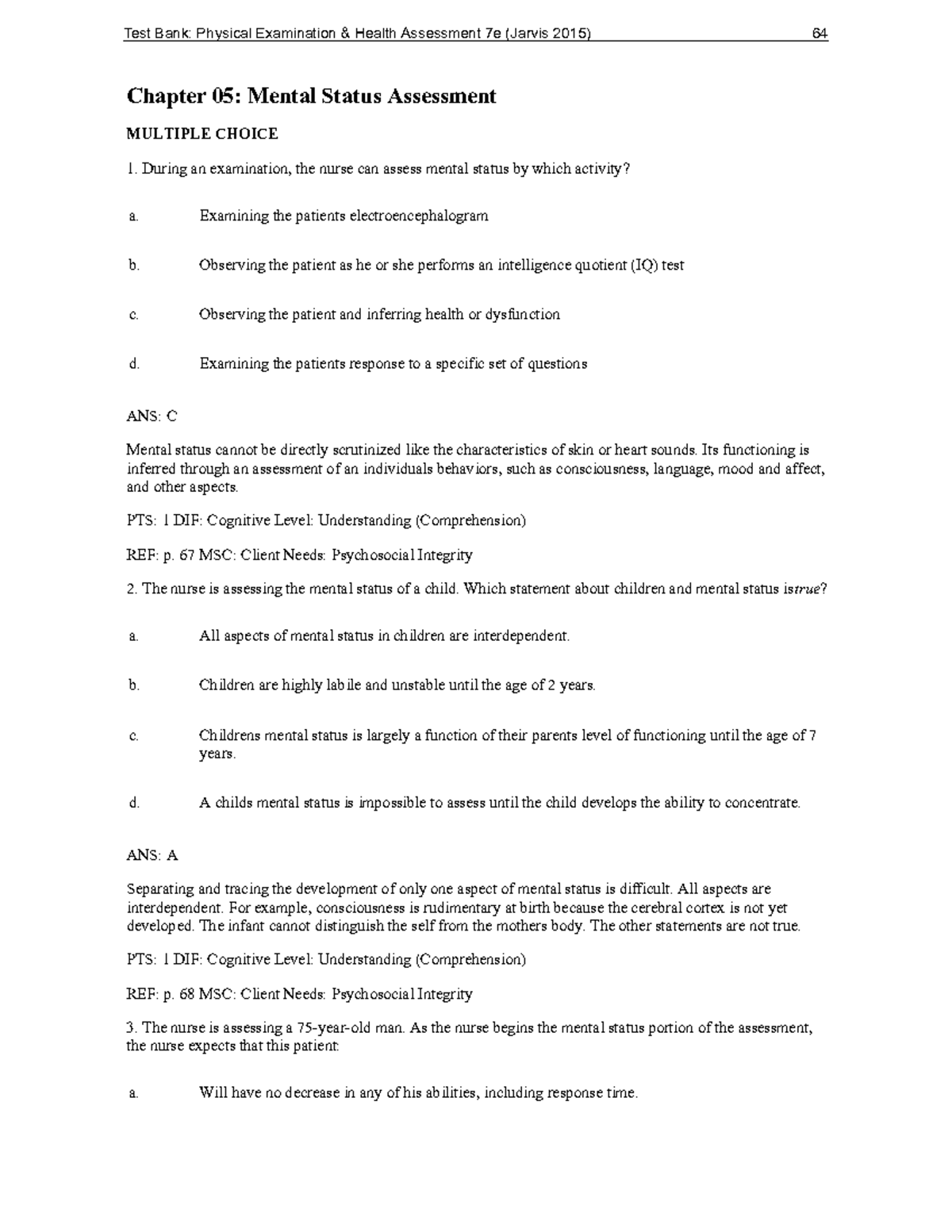 Jarvis TB Chapter 5 - Chapter 05: Mental Status Assessment MULTIPLE ...