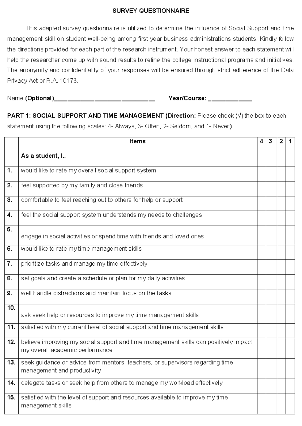 Questionnaire - Okay - SURVEY QUESTIONNAIRE This adapted survey ...