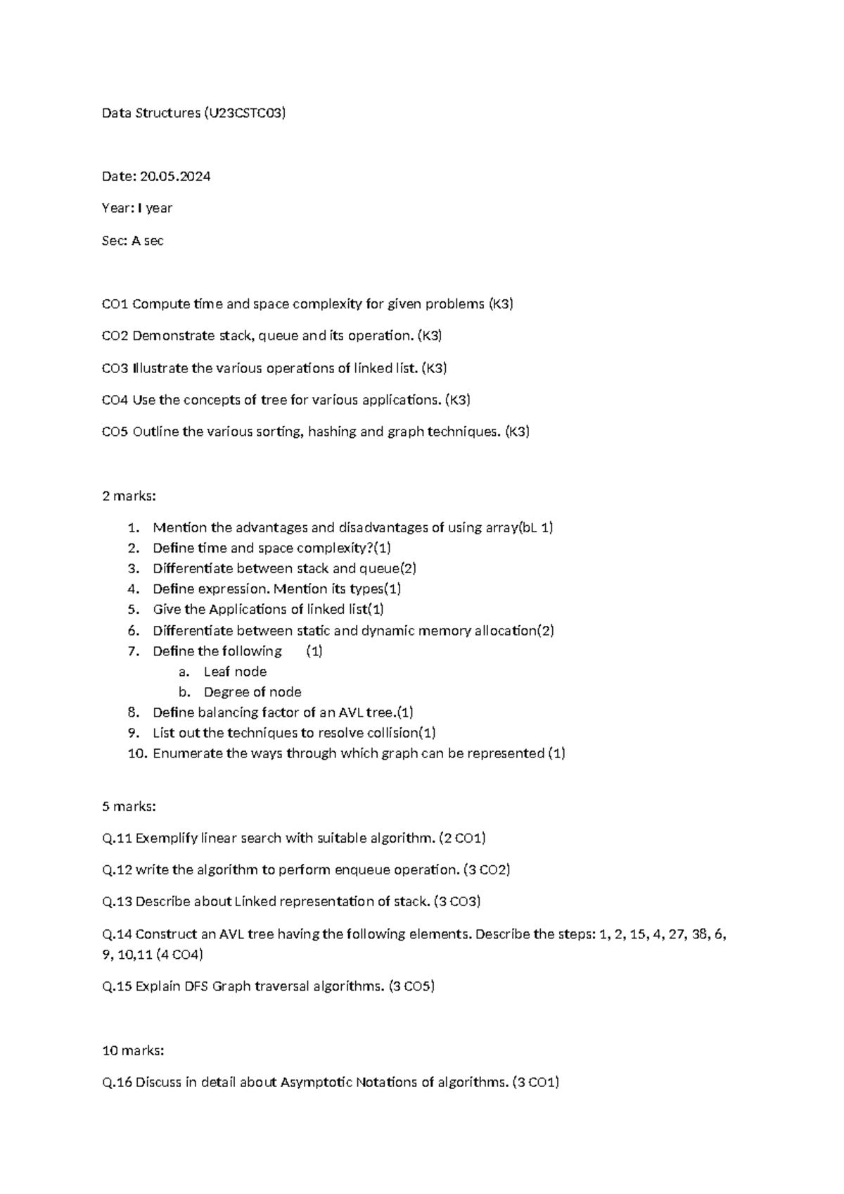 Data Structures b - question paper - Data Structures (U23CSTC03) Date ...