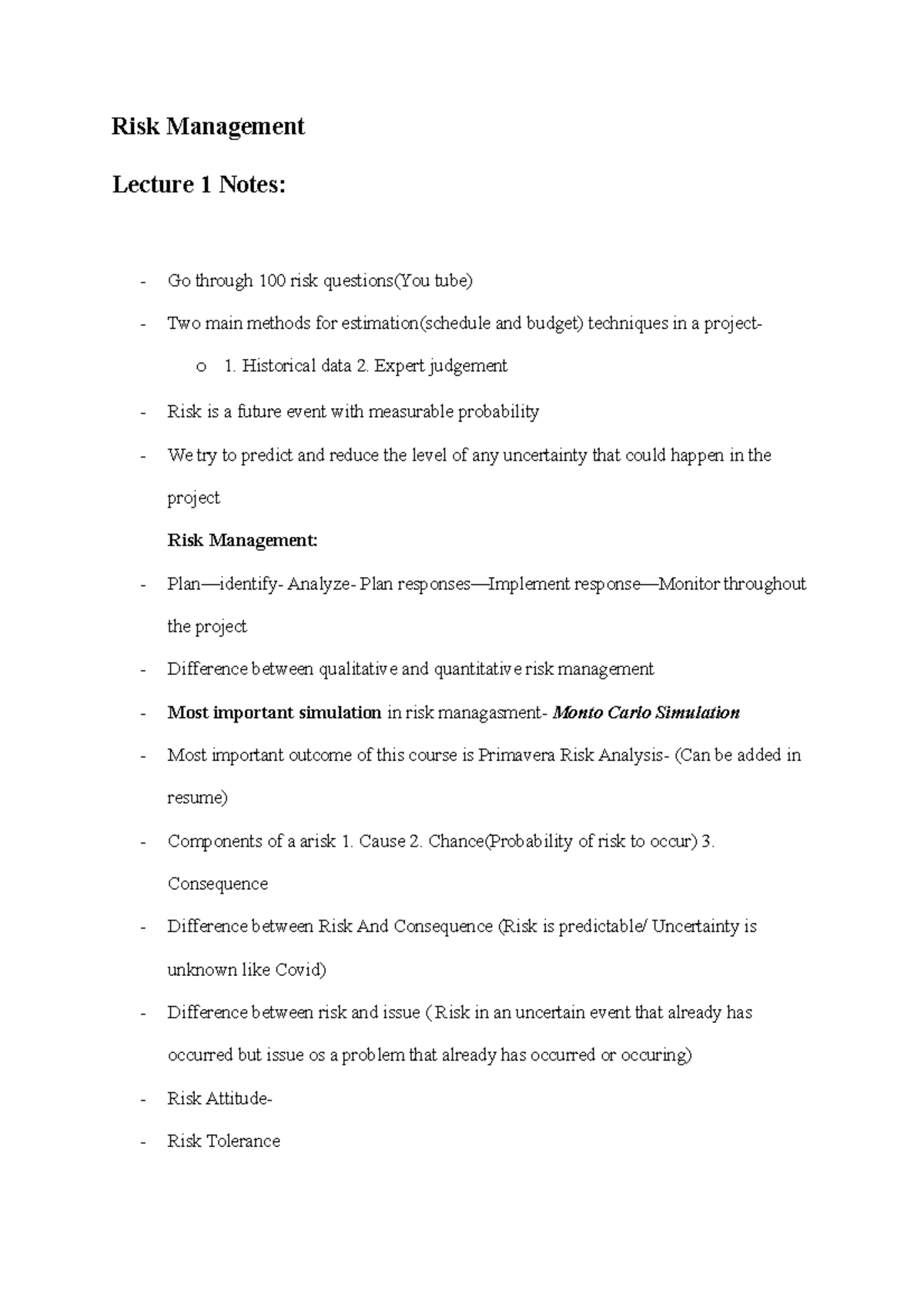 Lecture Notes Risk Management Lecture 1 Notes Go Through 100 Risk