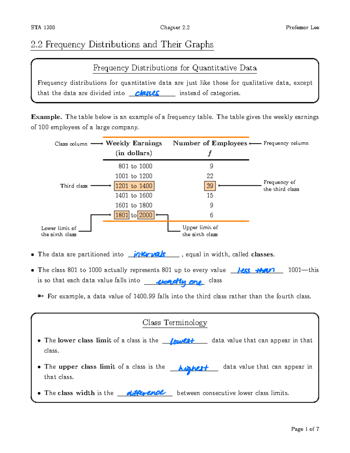 2.2 Handout - Biostatistics- Professor Lee - 2 Frequency Distributions ...