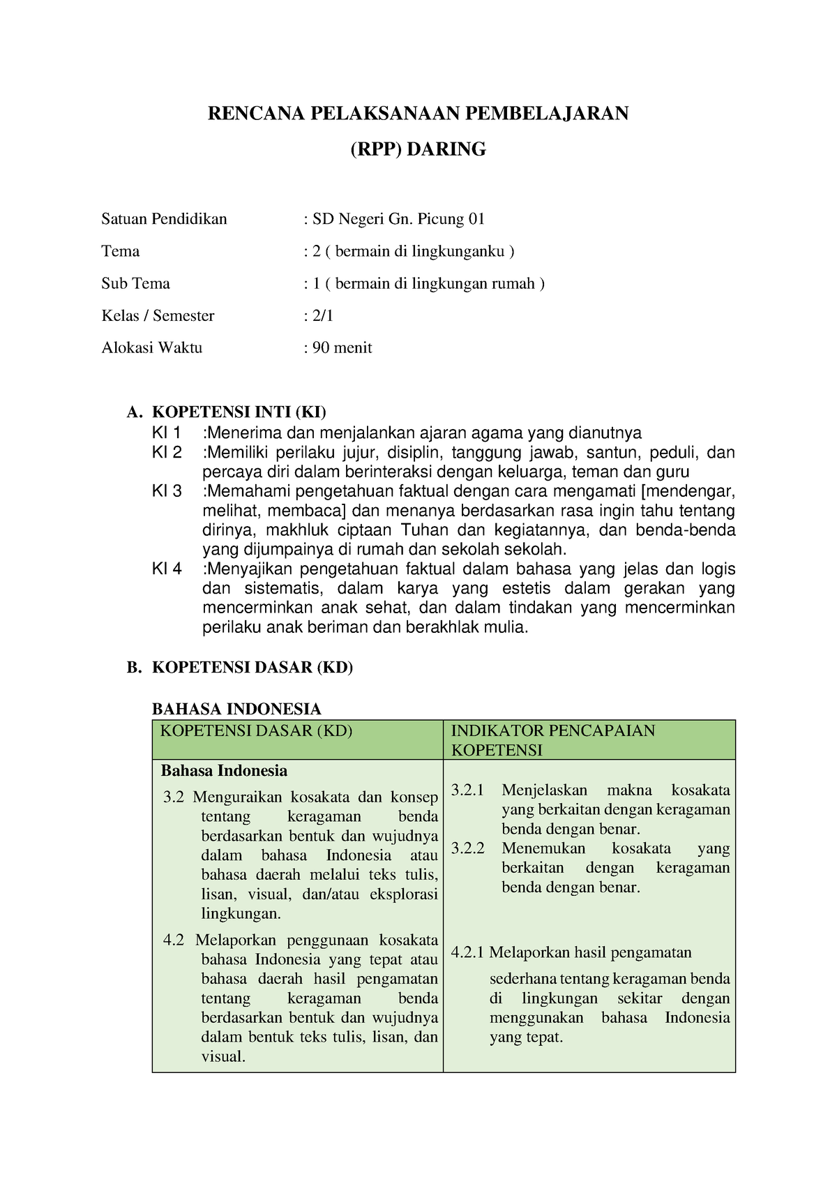 Rpp Kelas 2 Tema 2 Subtema 1 Pembelajaran 6 Rencana Pelaksanaan Pembelajaran Rpp Daring 0989