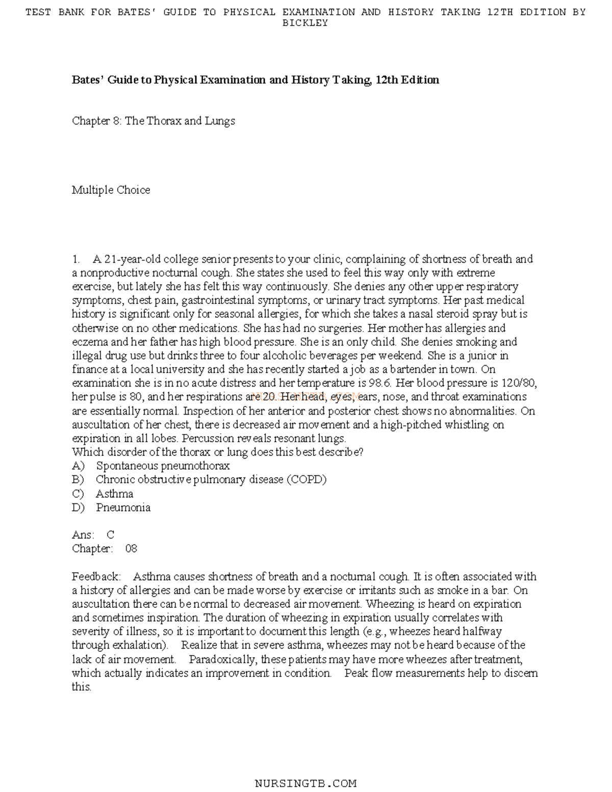 Bates 12th Edition Chapter 8 Practice Questions - N U R S I N G T B. C ...