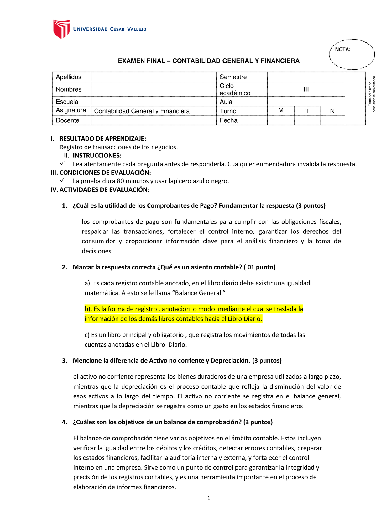 Examen Final Contabilidad 1 Examen Final Contabilidad General Y Financiera Apellidos 2805