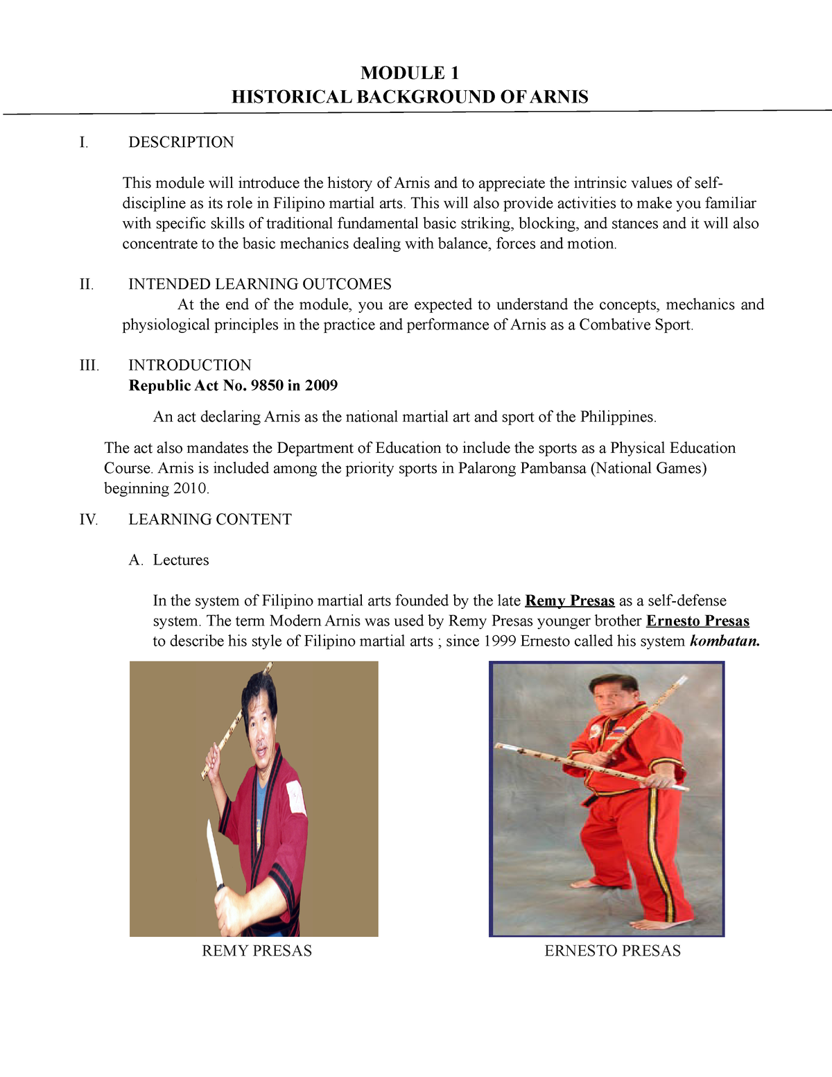 make an essay on the importance of arnis training