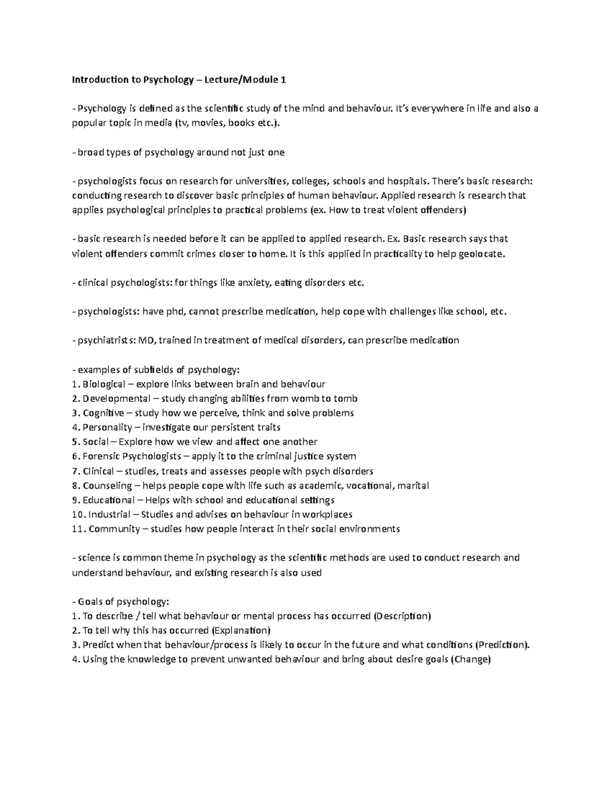 Lecture 1 Notes (Introducing Psychology) - Introduction to Psychology ...