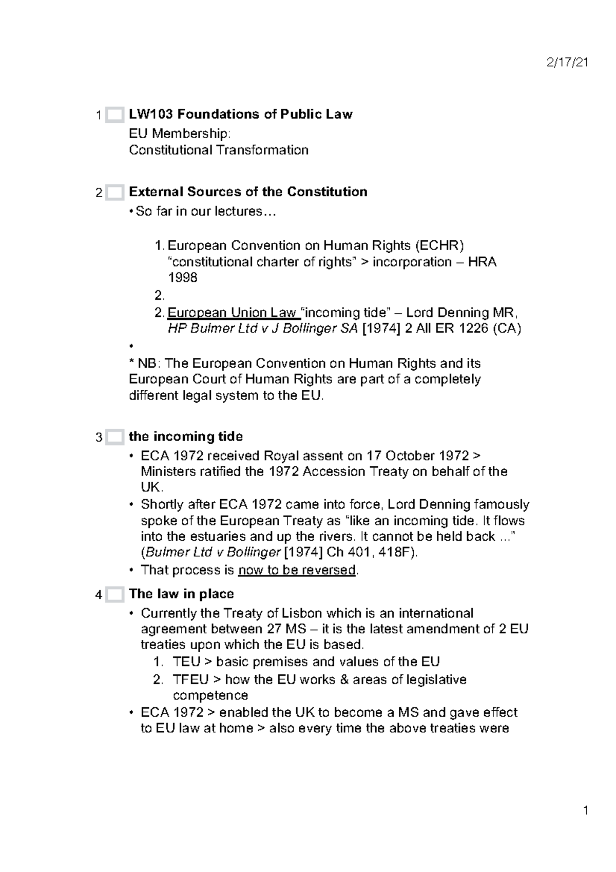 Lecture 16 UK and EU 2 - LW103 Foundations of Public Law EU Membership ...