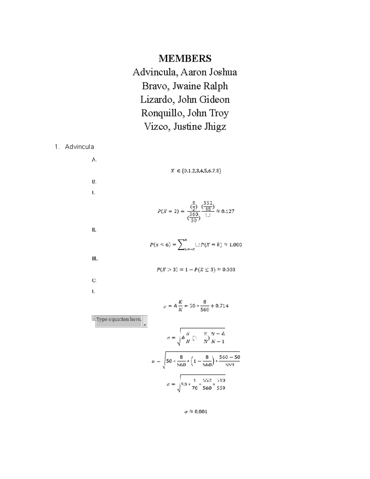 Probability Distribution Activity - MEMBERS Advincula, Aaron Joshua ...