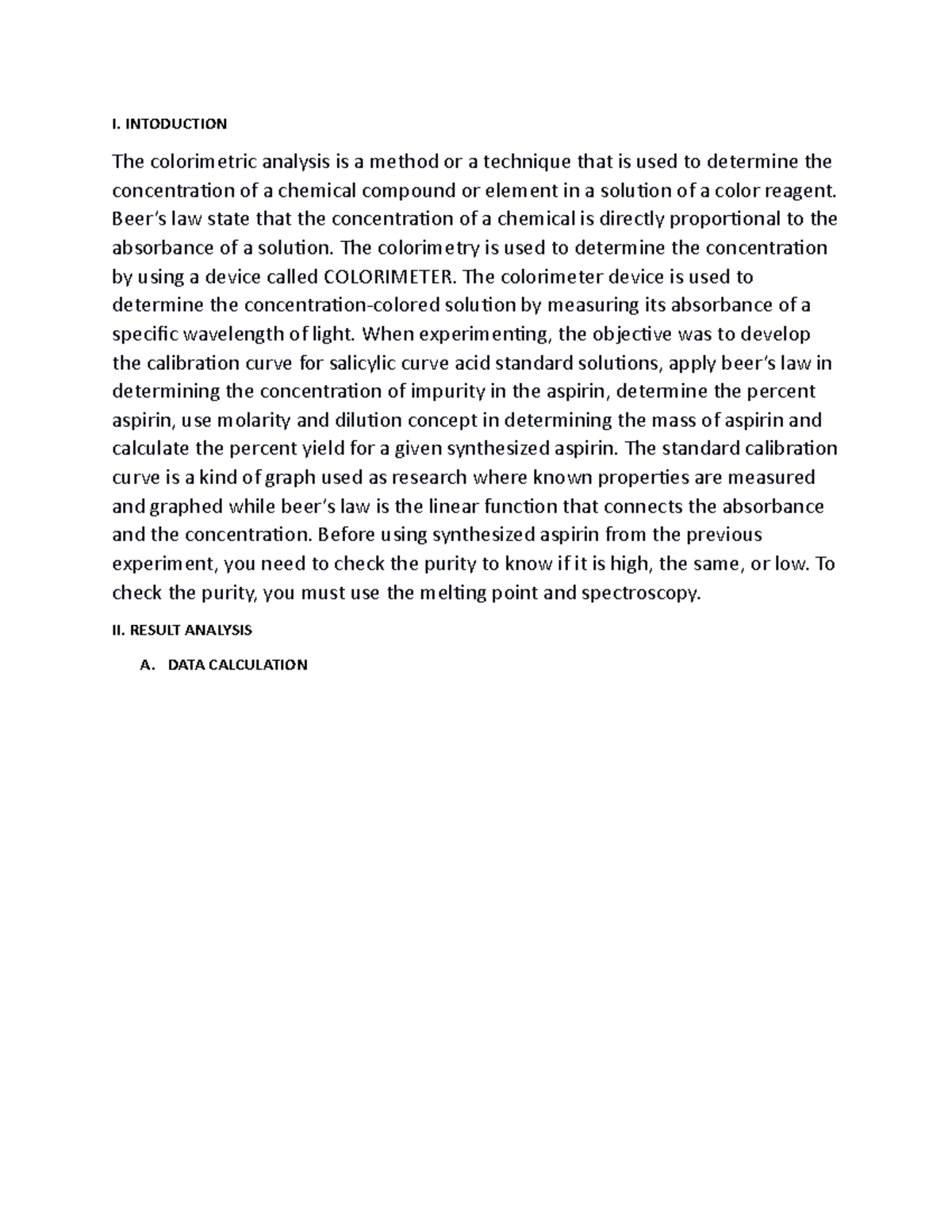 Chem Lab Report. Exp 6. 2022 I. INTODUCTION The colorimetric analysis is a method or a