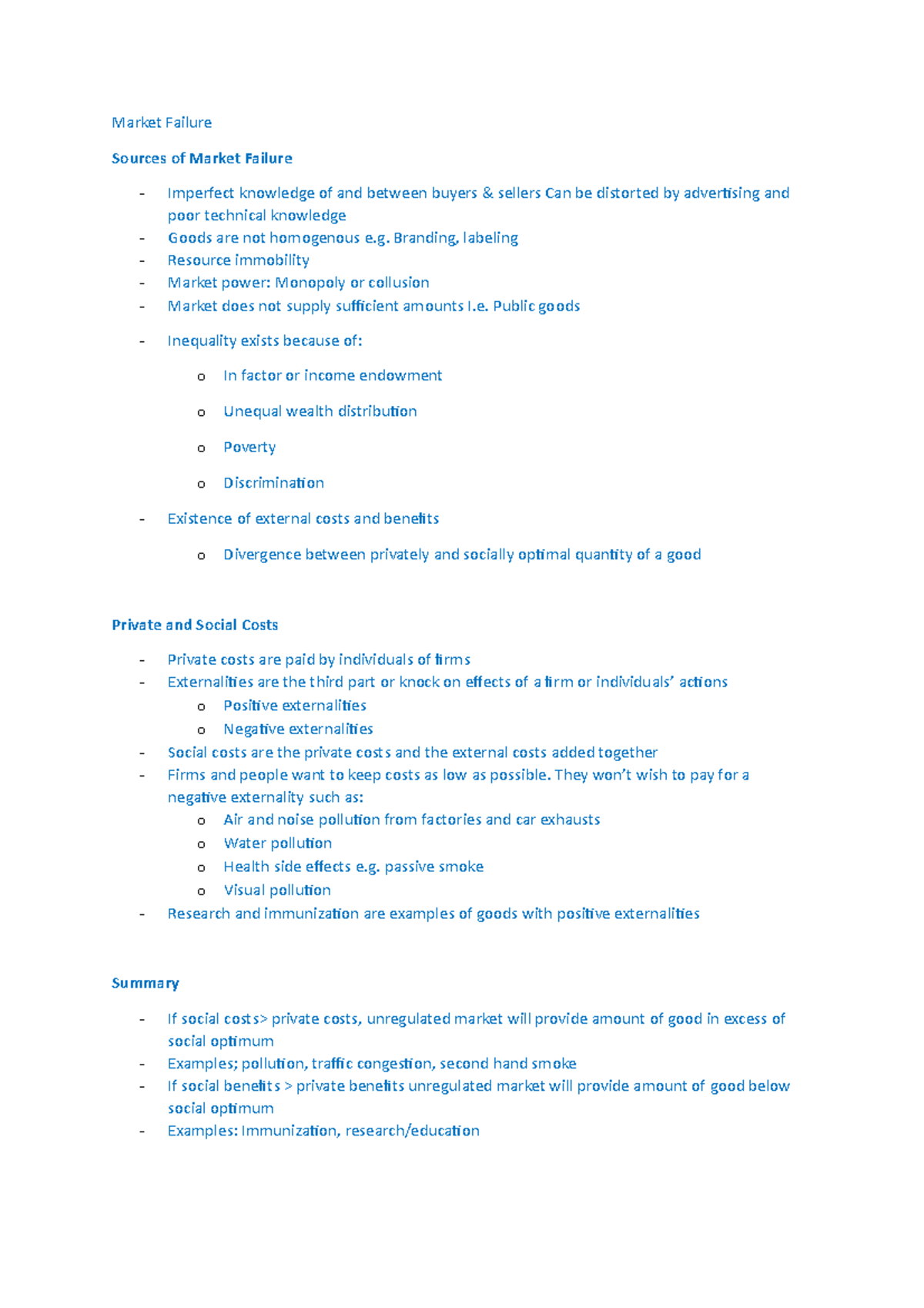 Market Failure - Notes - Market Failure Sources of Market Failure ...