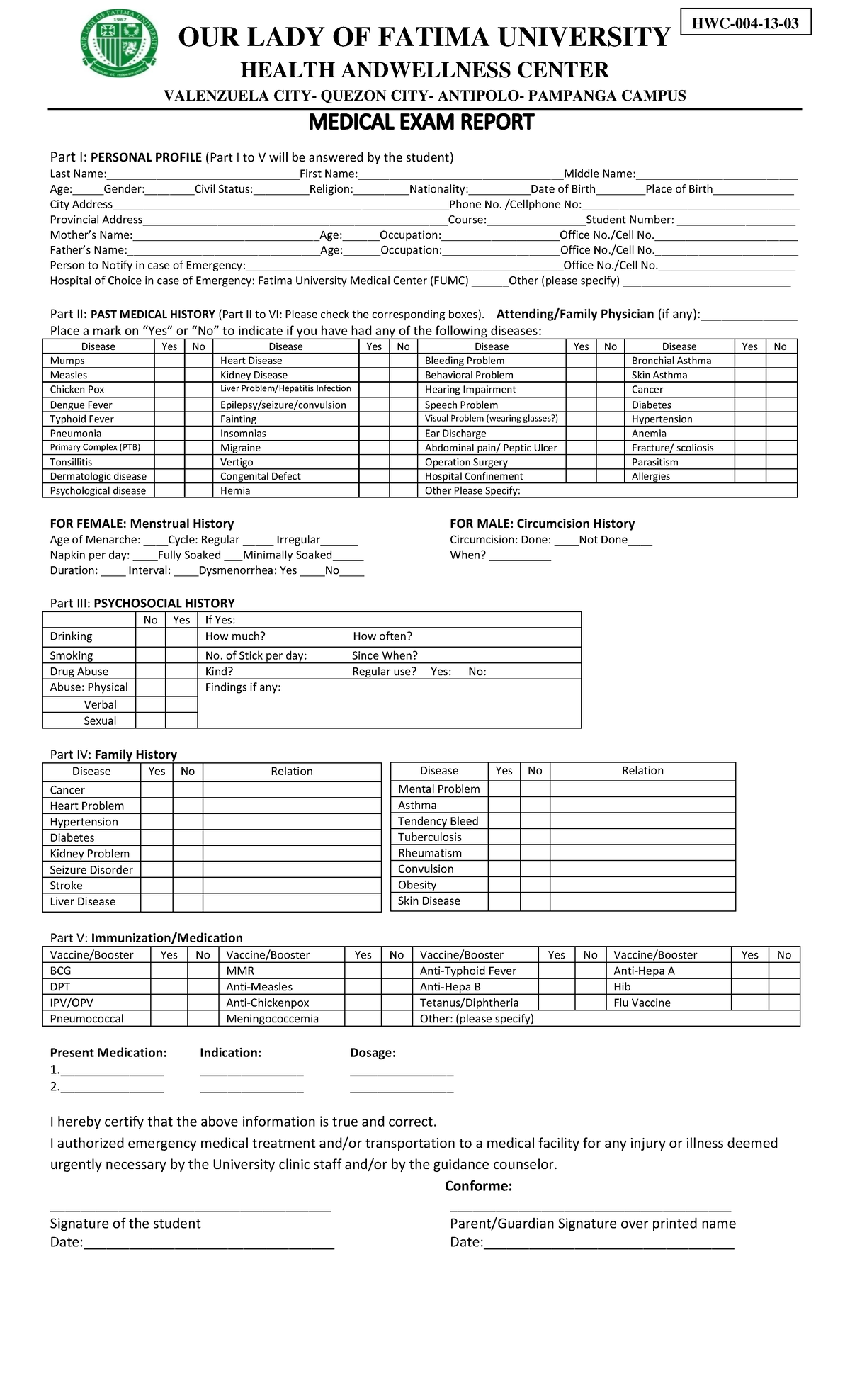 Medical EXAM Report NEW 2015 - OUR LADY OF FATIMA UNIVERSITY HEALTH ...