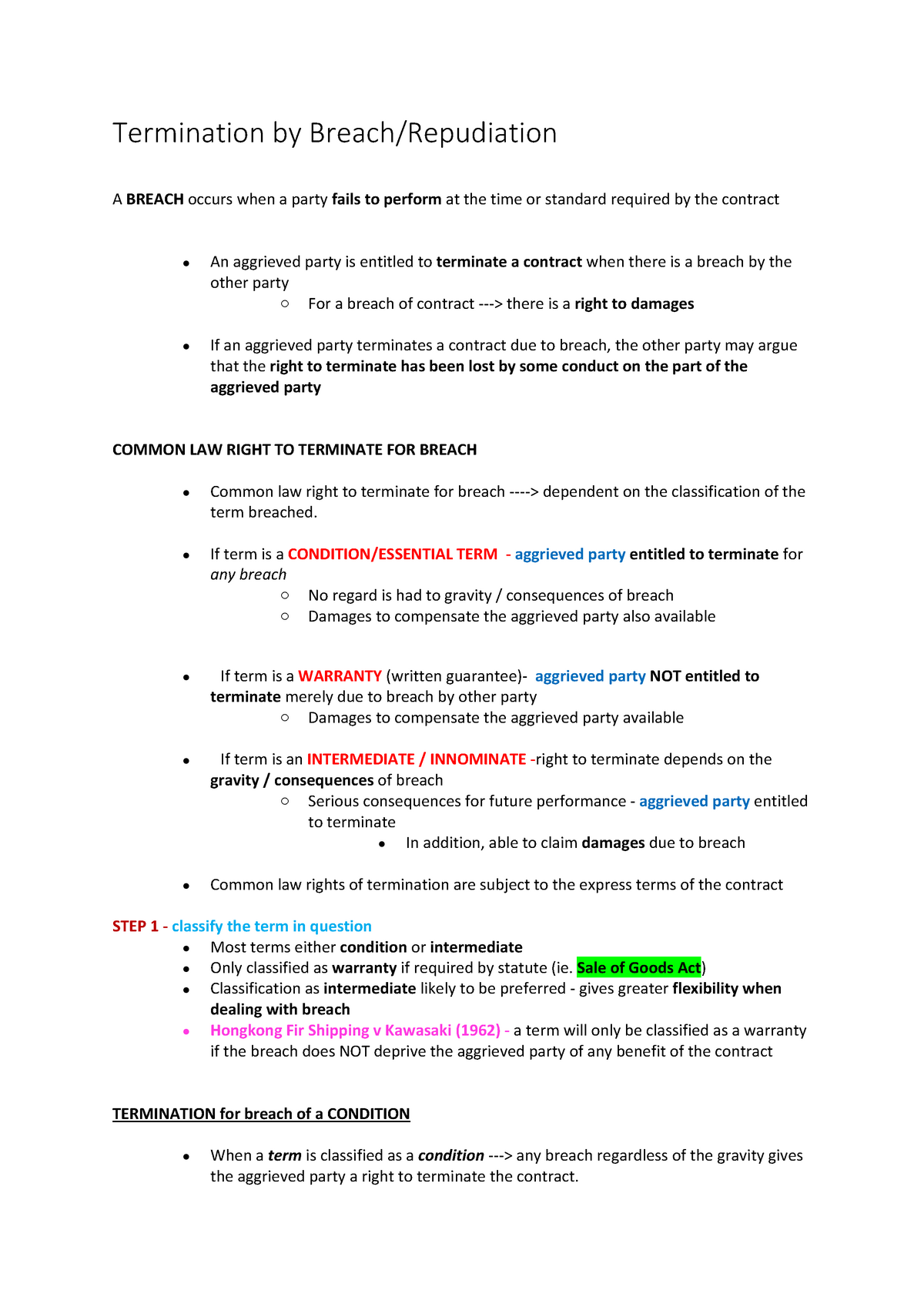 Termination By Breach/Repudiation Summary - Termination By Breach ...