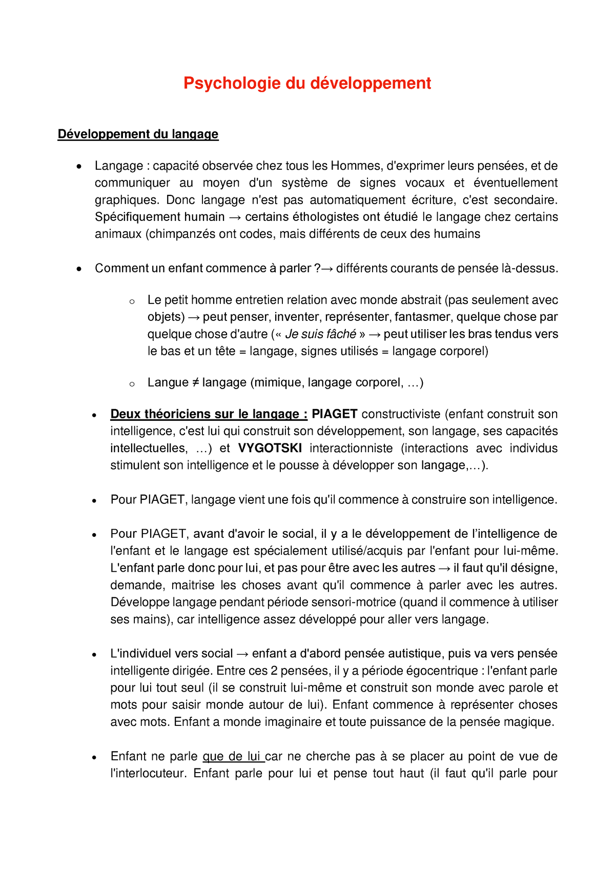 Psychologie Du Developpement Resume Psychologie Du Développement Développement Du Langage 