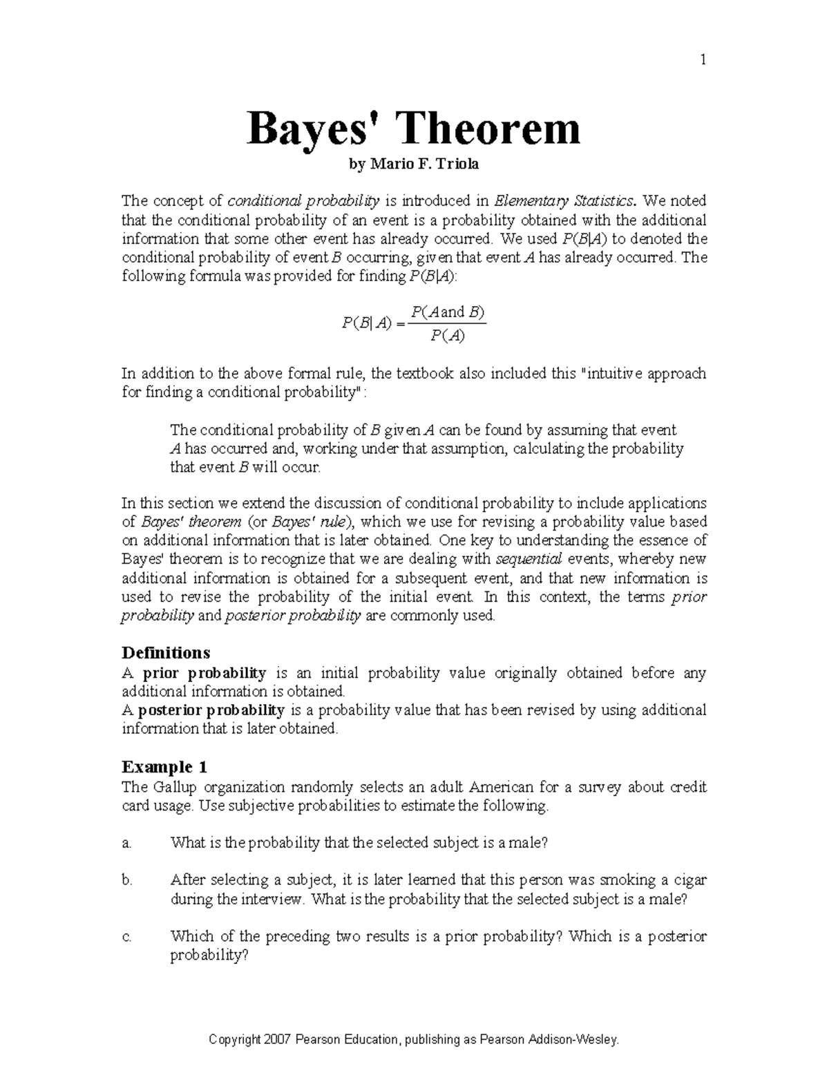 Bayes THEOREM NOTES AND EXAMPLES - Bayes' Theorem by Mario F. Triola ...