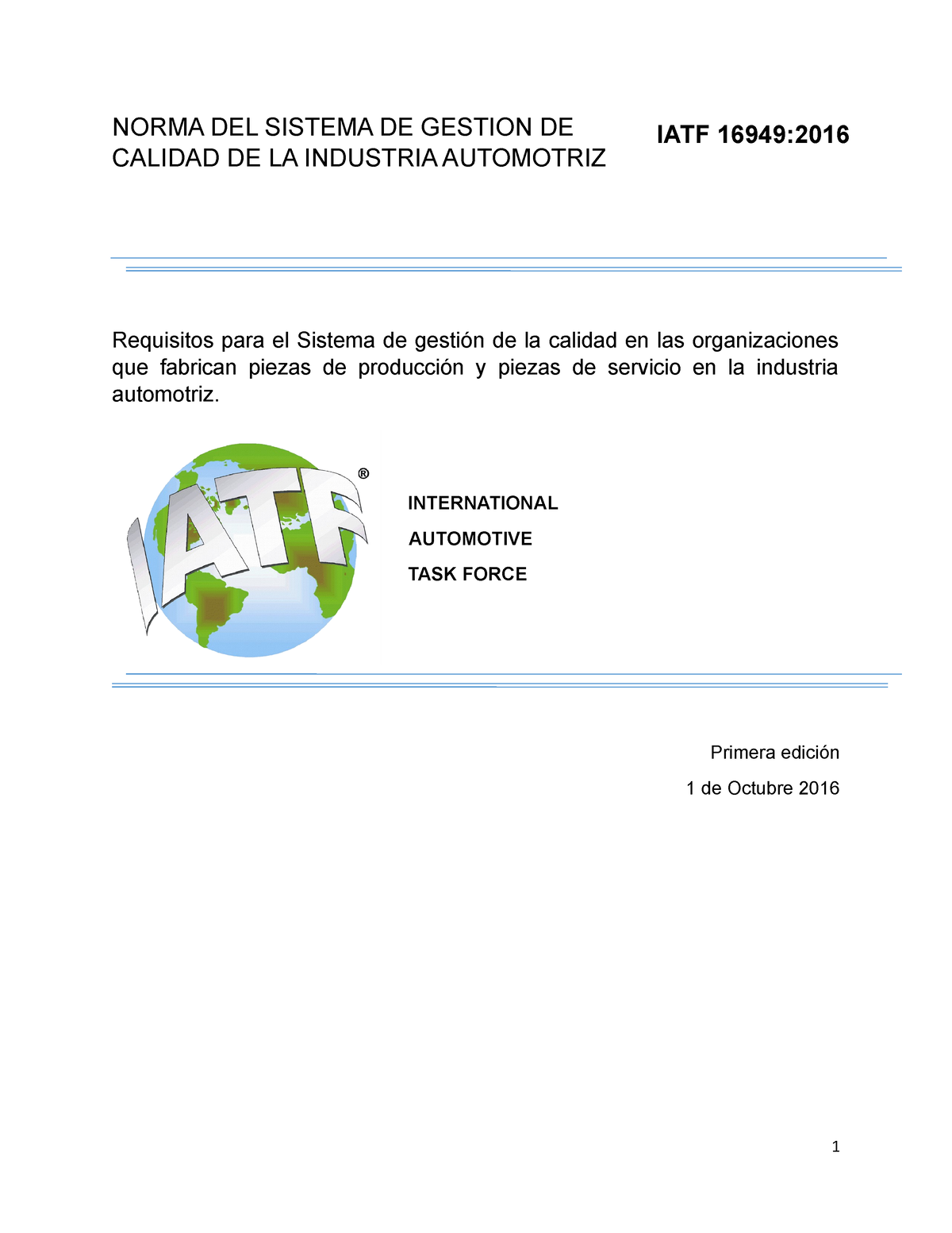 Iatf 16949 2016 Español Norma Del Sistema De Gestion De Calidad De La Industria Automotriz 1719